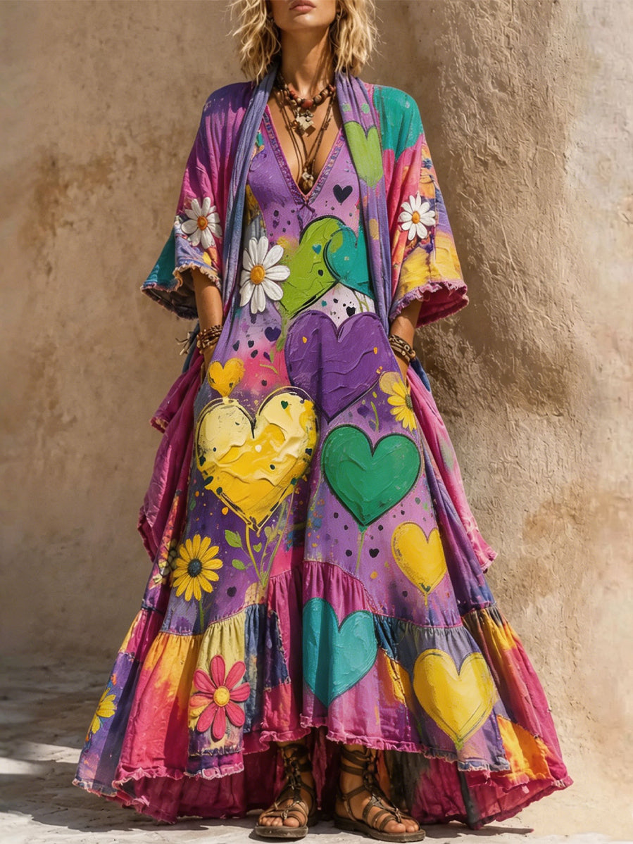 Retro Style Art Printed Vintage Camisole Dress Long Sleeve Two-Piece Maxi Dress